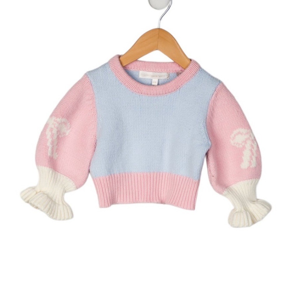 LoveShackFancy Cropped Pastel Knit Sweater — Light Blue & Pink